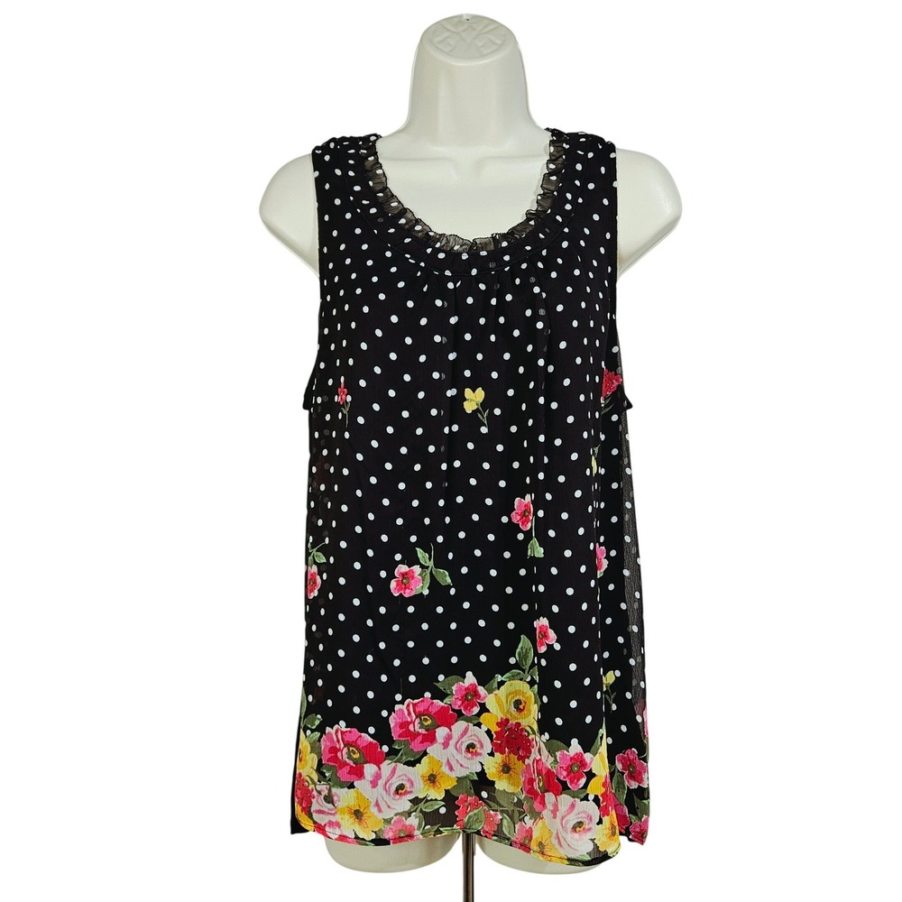 ELLE Black Polka Dot Floral Ruffle Mesh Cottagecore Tank Top L Coquette Romantic